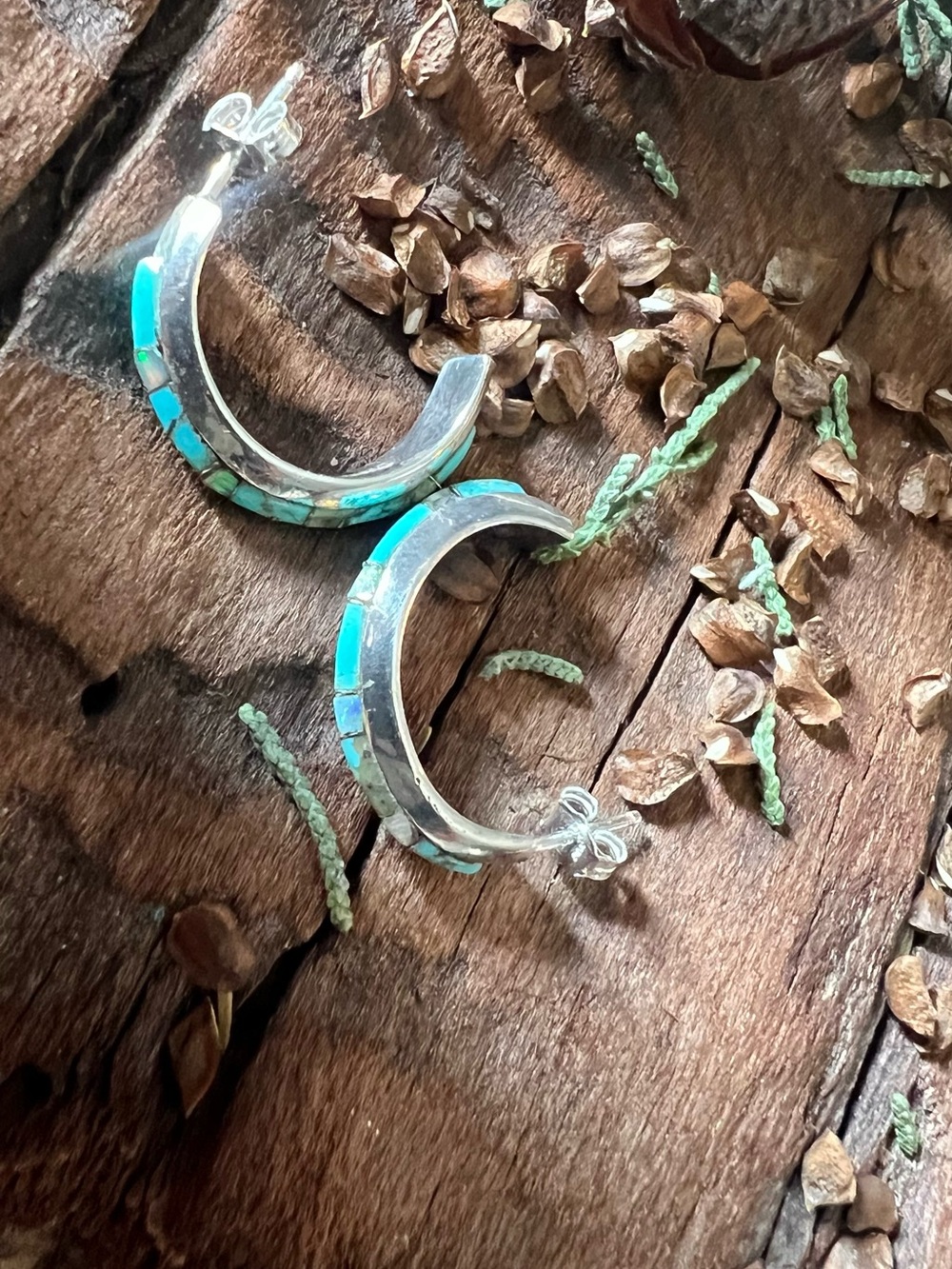 Navajo Opal Turquoise Earrings Green Blue Rainbow Sterling Half Hoops Huggies